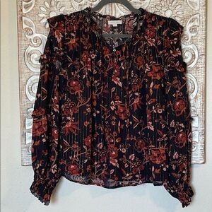 Chic Floral Women's Blouse in Black, orange, and pink